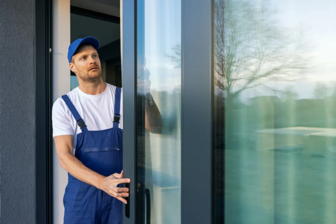 Monter w niebieskim kombinezonie i czapce montuje aluminiowe drzwi tarasowe z dużą szybą