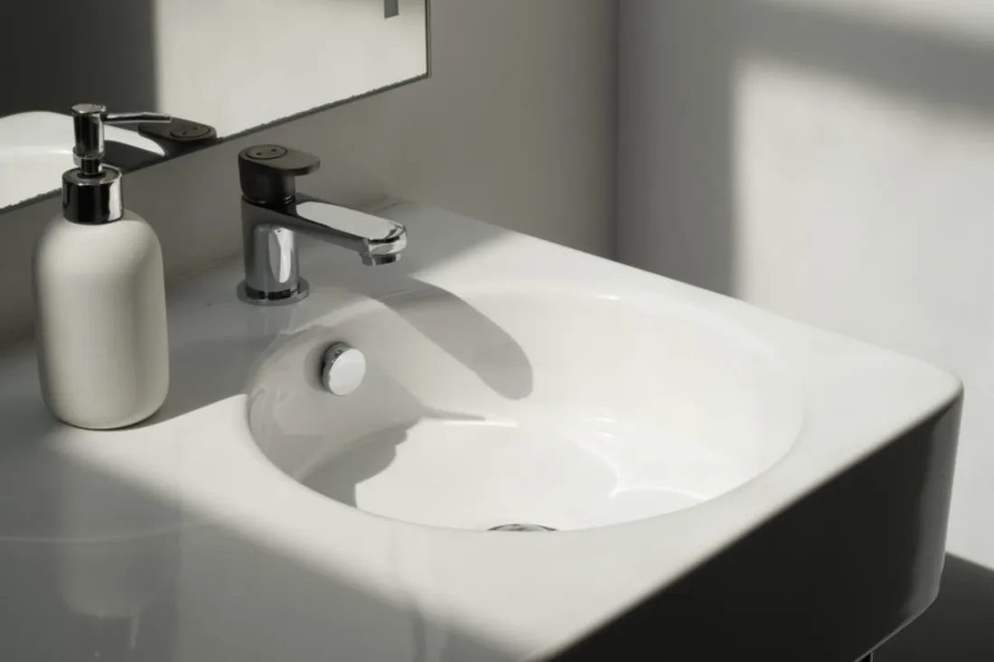Nowoczesna biała umywalka z chromową baterią i ceramicznym dozownikiem mydła w smugach słońca